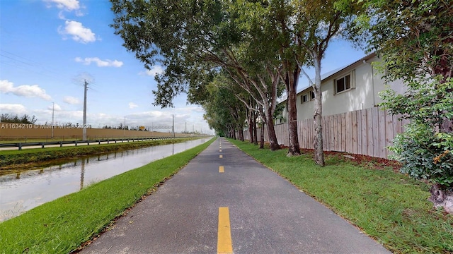 view of street with a water view