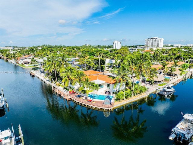 drone / aerial view with a water view