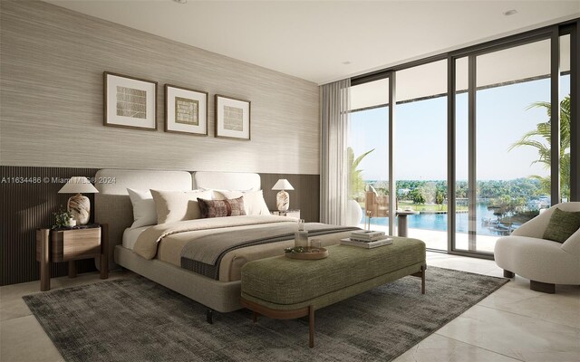 bedroom with multiple windows, expansive windows, access to exterior, and a water view