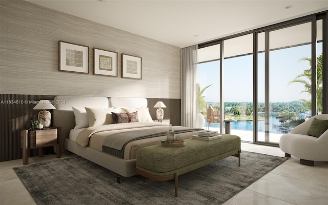 bedroom with a wall of windows, a water view, and access to exterior