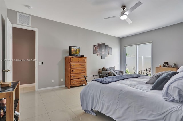 bedroom with light tile patterned floors, access to outside, and ceiling fan