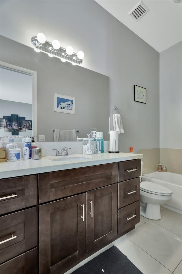 full bath with tile patterned flooring, visible vents, toilet, and vanity