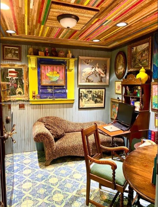 living area with wooden ceiling