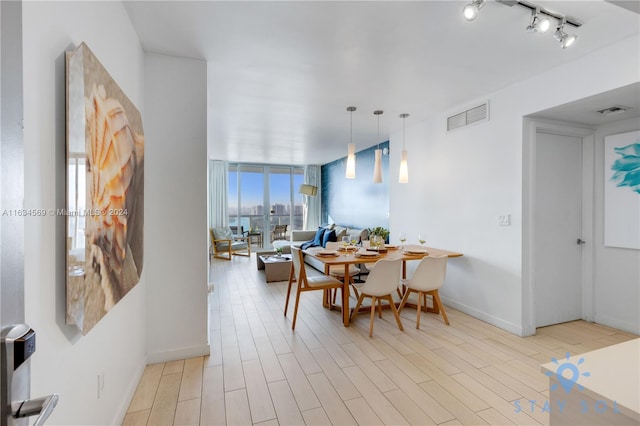 dining area featuring track lighting and light hardwood / wood-style flooring