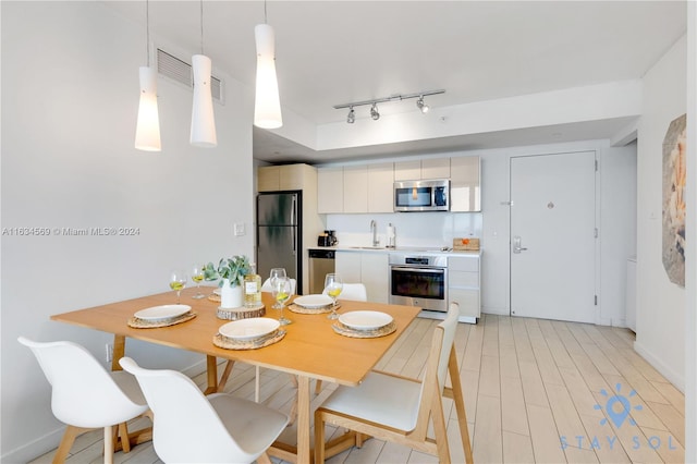 dining space with sink, light hardwood / wood-style flooring, and track lighting