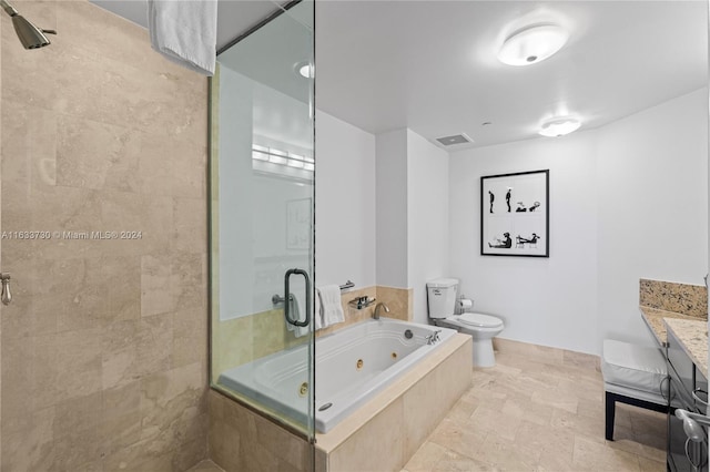 full bathroom featuring plus walk in shower, toilet, vanity, and tile patterned floors