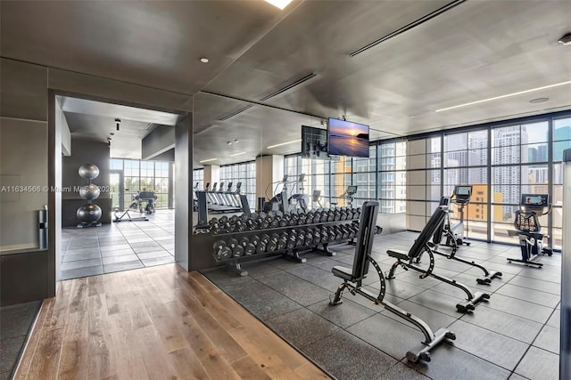 exercise room featuring hardwood / wood-style floors and a wall of windows