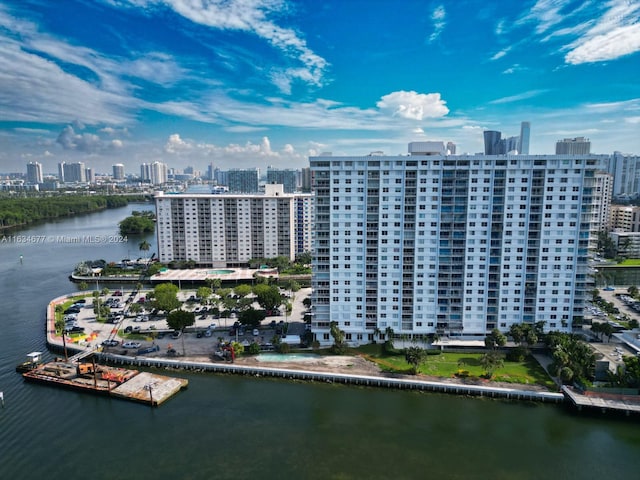 bird's eye view with a water view