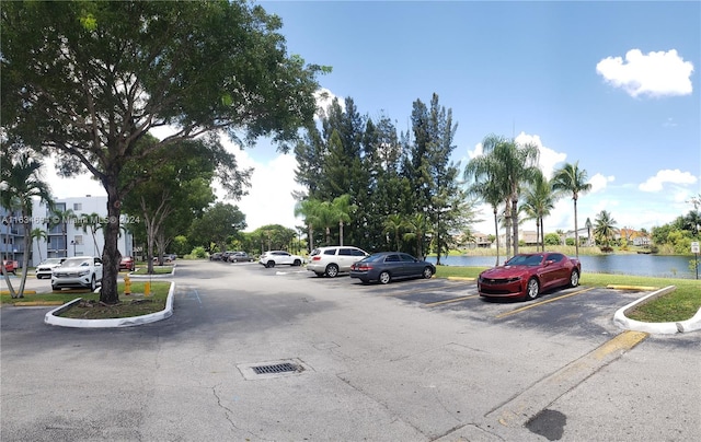 view of street with a water view