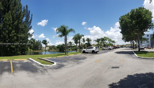 view of street with a water view