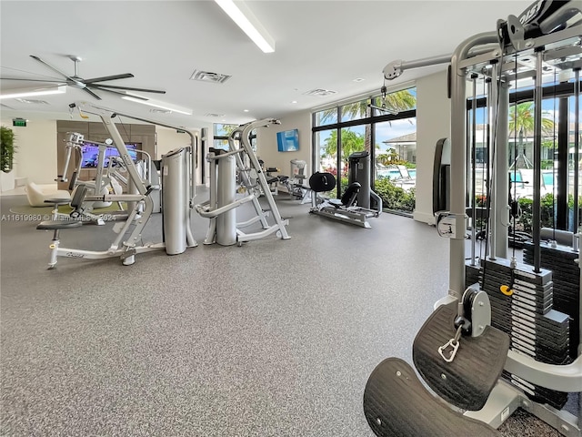 exercise room featuring ceiling fan