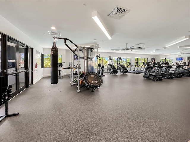 workout area featuring ceiling fan