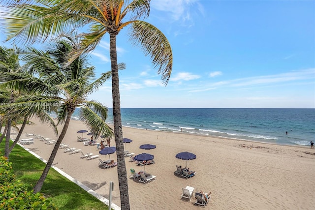 property view of water featuring a beach view