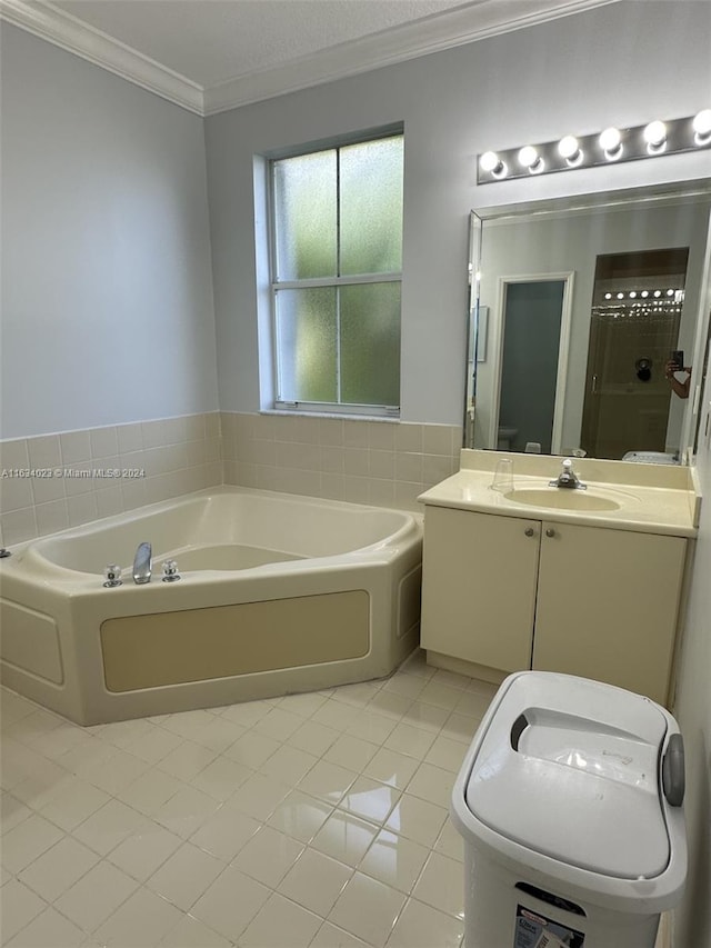 bathroom with vanity, crown molding, tile patterned flooring, and a tub to relax in