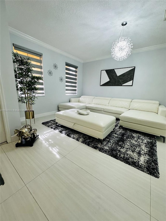 unfurnished living room with tile patterned floors, crown molding, a chandelier, and a textured ceiling