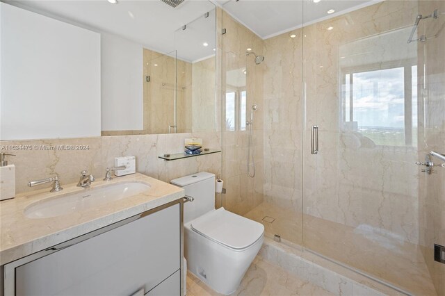 bathroom featuring a shower with shower door, tile walls, tile patterned flooring, toilet, and vanity