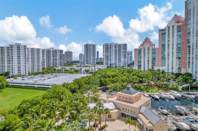 birds eye view of property with a city view and a water view