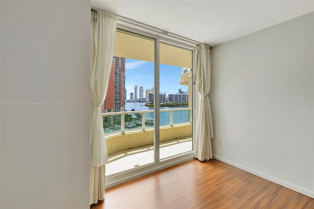 empty room featuring baseboards, a city view, and wood finished floors