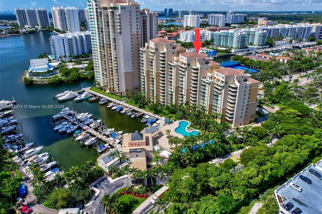 bird's eye view with a water view