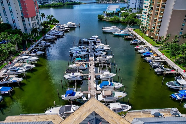 aerial view of a nearby body of water and numerous boat docks