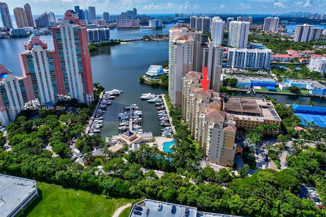 bird's eye view with a water view