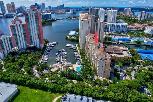 bird's eye view of a view of skyline and a large body of water