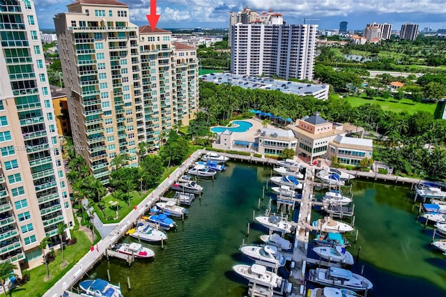 birds eye view of property featuring a water view