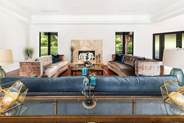 living room with crown molding, wood finished floors, and a tray ceiling