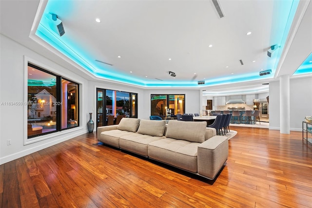 living room featuring light wood-type flooring and a raised ceiling