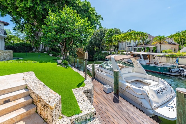 dock area with a yard and a water view