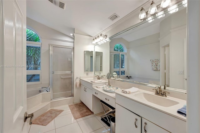 full bath featuring lofted ceiling, visible vents, a sink, and a shower stall