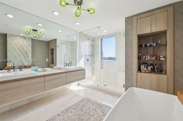 bathroom featuring vanity, separate shower and tub, and tile walls