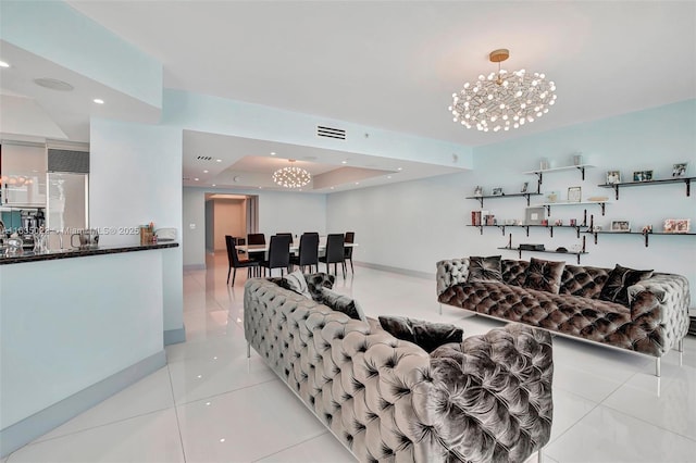 living room featuring a notable chandelier, visible vents, recessed lighting, and light tile patterned floors