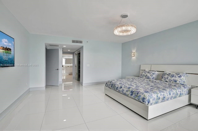 bedroom featuring baseboards, a notable chandelier, visible vents, and light tile patterned floors