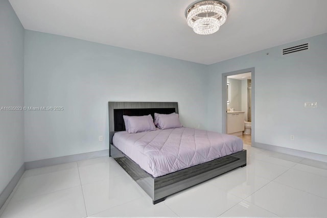 bedroom featuring baseboards, a notable chandelier, visible vents, and light tile patterned floors
