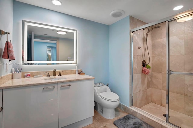 bathroom with tile patterned flooring, vanity, recessed lighting, toilet, and a shower stall