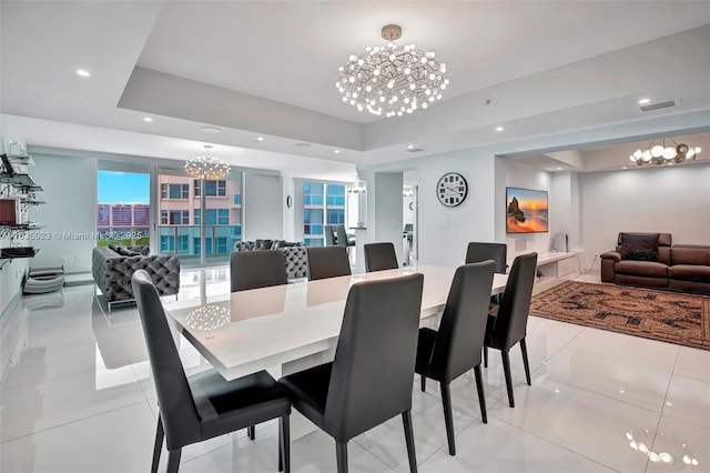 dining area featuring recessed lighting, light tile patterned floors, a raised ceiling, visible vents, and a notable chandelier