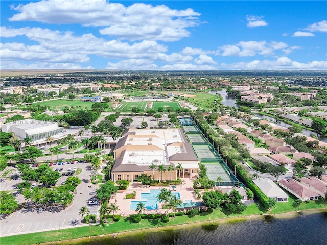 drone / aerial view with a water view