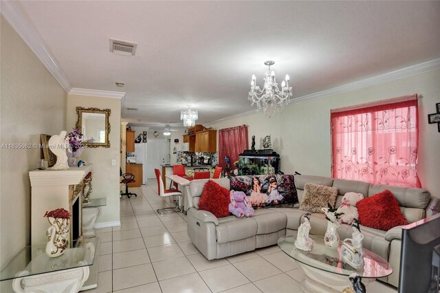 tiled living room featuring crown molding and an inviting chandelier