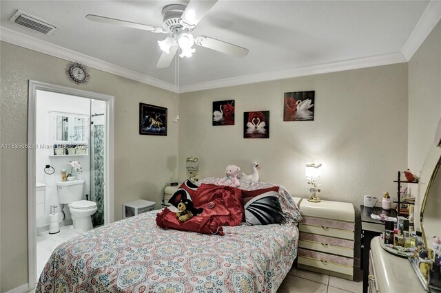 bedroom with connected bathroom, ceiling fan, light tile patterned flooring, and ornamental molding