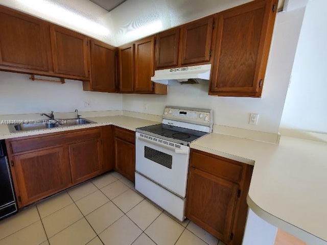 kitchen with light tile patterned flooring, white range with electric stovetop, dishwashing machine, and sink