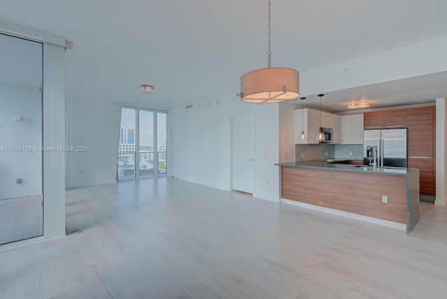 kitchen with tasteful backsplash, stainless steel appliances, pendant lighting, light hardwood / wood-style floors, and a wall of windows