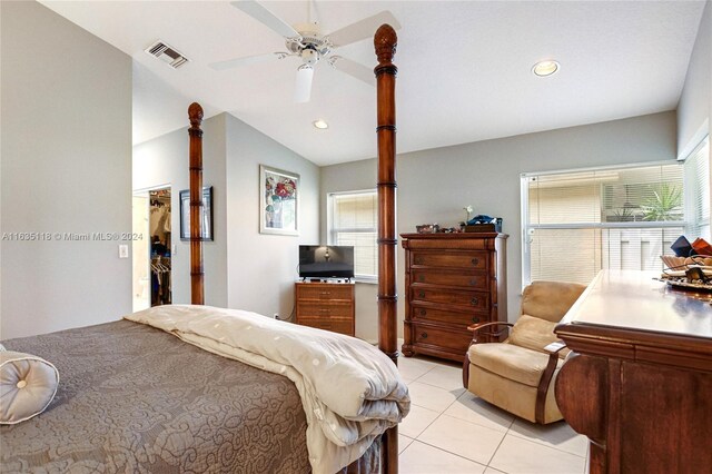 bedroom with light tile patterned floors, recessed lighting, visible vents, a ceiling fan, and vaulted ceiling