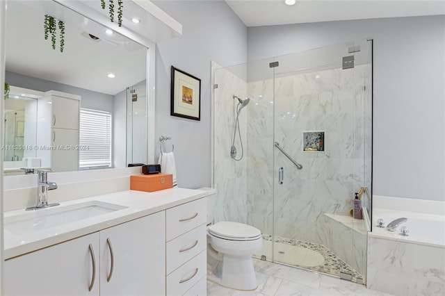 full bathroom with shower with separate bathtub, toilet, vanity, vaulted ceiling, and tile patterned flooring