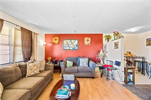 living room featuring wood-type flooring and a textured ceiling