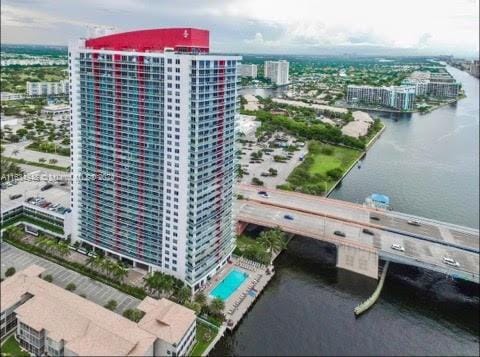 aerial view featuring a water view