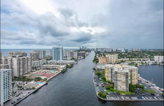 aerial view featuring a water view