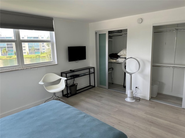 bedroom with light hardwood / wood-style flooring and a closet