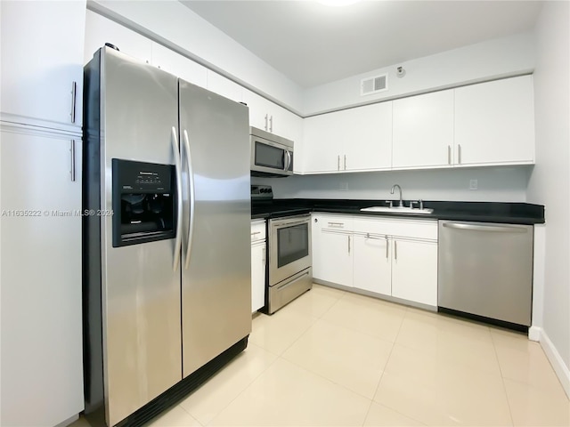 kitchen featuring white cabinetry, dark countertops, visible vents, stainless steel appliances, and a sink
