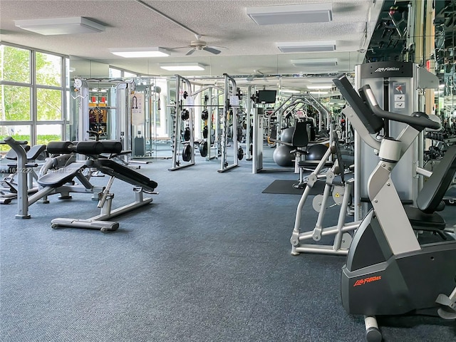 exercise room featuring a textured ceiling, ceiling fan, carpet flooring, and a wall of windows